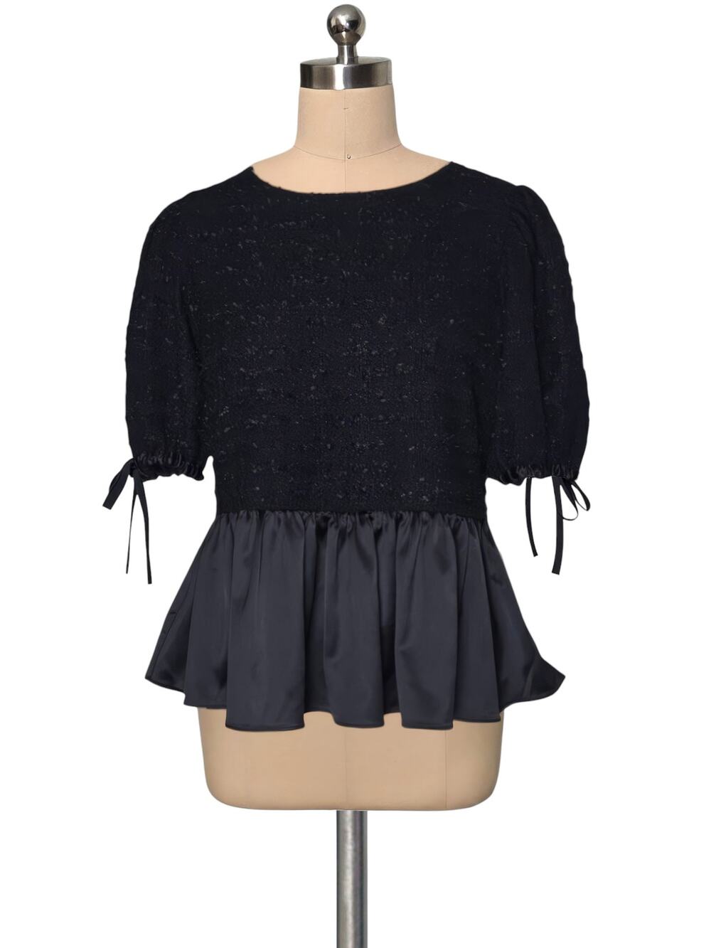 Grey Collective Black Tweed Satin Trim Babydoll  Top Blouse 12